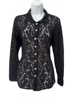 NWT Barbra Lesser Black Lace Sheer Button Down Blouse, Size L
